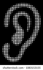 Ear halftone vector icon. Illustration style is dot iconic ear symbol on a black background. Halftone matrix is created with circle dots.