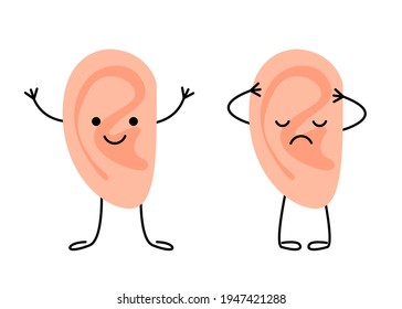 Ear happy healthy and sad sick characters. Check hearing organ for kids. Check health of ear. Earache, otitis, tinnitus concept. Vector flat illustration