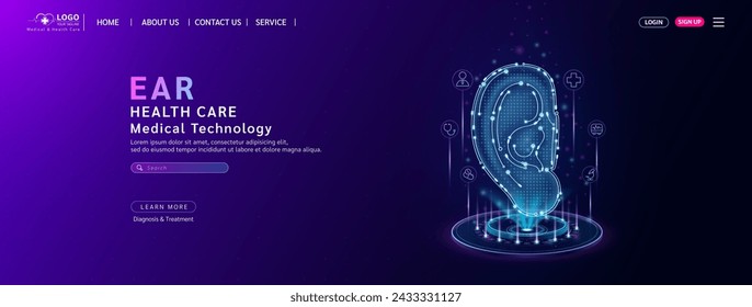 Ear health care. Diagnose disease with technology artificial intelligence. Medical website template layout design. Banner for medical ads online social media. Science medicine business. Vector.