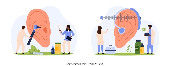 Ear health check on otolaryngologist and audiologist examination, otolaryngology set. Tiny doctors work with medical otoscope to test inner canal of ear and hearing aid cartoon vector illustration