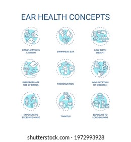 Ear health concept icons set. Hearing loss prevention idea thin line RGB color illustrations. Exposure to excessive noise. Tinnitus. Vector isolated outline drawings. Editable stroke