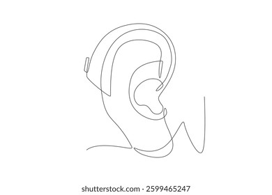 Ear with hearing aid. Hearing aids concept one-line drawing