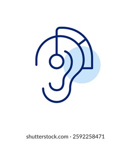 Ear and hearing aid apparatus. Sound amplification, medical hearing care. Hearing impaired or deaf people assistance. Pixel perfect, editable stroke vector icon