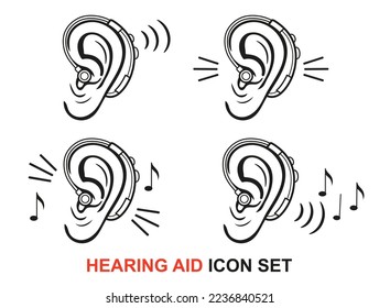 Ear hearing aid for deaf, hear loss problem, medical auditory device of deafness treatment line icon set. Improve human sound perception. Equipment of person listen noise impairment prevention. Vector