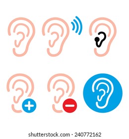 Ear hearing aid, deaf person - health problem icons set 