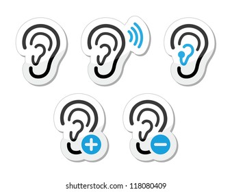 Ear hearing aid deaf problem icons set as labels