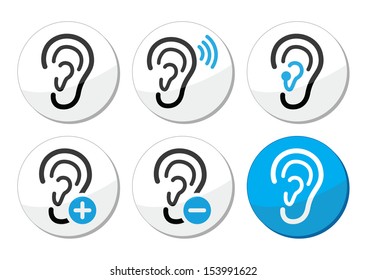 Ear hearing aid deaf problem icons set 