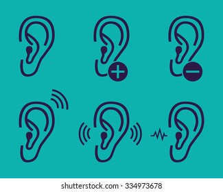 Ear hearing aid deaf problem icons set