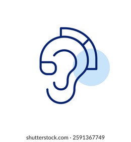 Ear and hearing aid. Hearing impaired or deaf people assistance. Medical devices for sound amplification. Pixel perfect, editable stroke vector icon