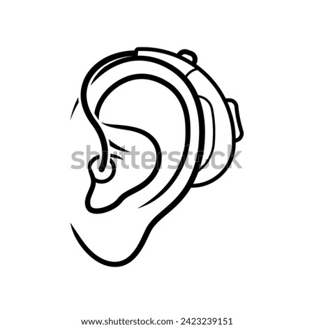 Ear with hearing aid line art vector isolated on white background.