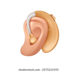 Ear with hearing aid, hearing Loss, Deafness 3D illustration. Deaf People with Hear Problem, Audiologist Treatment. Ear Using Hearing Aid, Medical Appointment. Cartoon 3D Vector Illustration