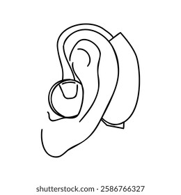 Ear with a hearing aid outline vector illustration. Aerophone behind organ ear human health care concept