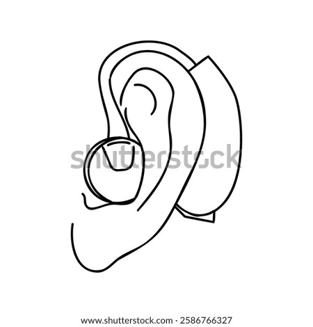 Ear with a hearing aid outline vector illustration. Aerophone behind organ ear human health care concept