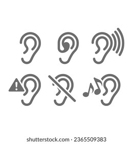 Ear and hearing aid vector icon set. Ears, deafness and listening symbol icons.