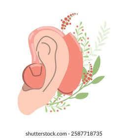 Ear with a hearing aid vector illustration. Aerophone behind organ ear human health care concept