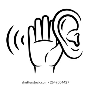 Audição do ouvido, surdez, ouvir ruído segurando a mão perto da cabeça, som percepção sensorial órgão saúde ícone da linha do problema. Conversa de escuta, informação secreta, curiosidade e gesto de comunicação. Vetor