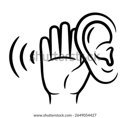 Ear hearing, deafness, listen noise holding hand near head, sound sensory perception organ health problem line icon. Eavesdrop conversation, secret information, curiosity communication gesture. Vector