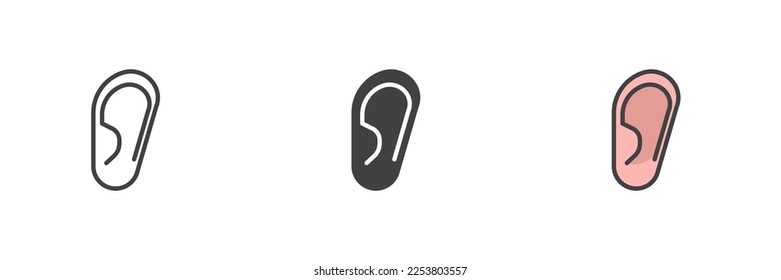 Ear, hearing different style icon set. Line, glyph and filled outline colorful version, outline and filled vector sign. Symbol, logo illustration. Vector graphics