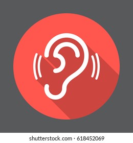 Ear, hearing flat icon. Round colorful button, circular vector sign with long shadow effect. Flat style design