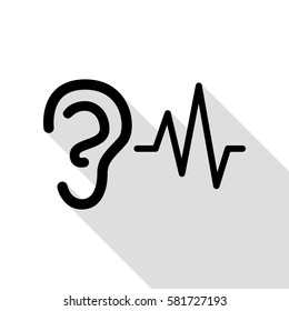 Ear hearing sound sign. Black icon with flat style shadow path.