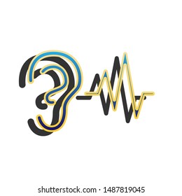 Ear hearing sound sign. Blue icon with gold contour with dark gray shadow at white background. Illustration.