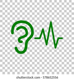 Ear hearing sound sign. Dark green icon on transparent background.