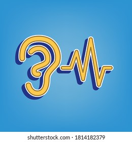 Ear hearing sound sign. Golden Icon with White Contour at light blue Background. Illustration.