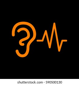 Ear hearing sound sign. Orange icon on black background.