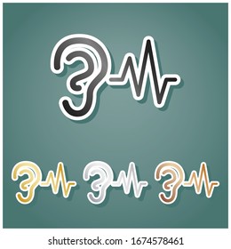 Ear hearing sound sign. Set of metallic Icons with gray, gold, silver and bronze gradient with white contour and shadow at viridan background. Illustration.
