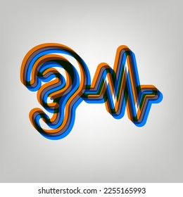 Ear hearing sound sign. Stroked Icon in orange, azure and old lavender Colors at gray Background. Illustration.