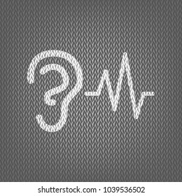 Ear hearing sound sign. Vector. White knitted icon on gray knitted background. Isolated.