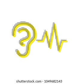 Ear hearing sound sign. Vector. Yellow icon with square pattern duplicate at white background. Isolated.