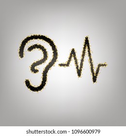 Ear hearing sound sign. Vector. Blackish icon with golden stars at grayish background.