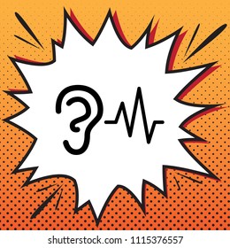 Ear hearing sound sign. Vector. Comics style icon on pop-art background.