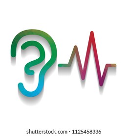 Ear hearing sound sign. Vector. Colorful icon with bright texture of mosaic with soft shadow on white background. Isolated.