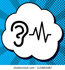 Ear hearing sound sign. Vector. Black icon in bubble on blue pop-art background with rays.