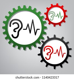 Ear hearing sound sign. Vector. Three connected gears with icons at grayish background.