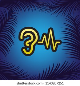 Ear hearing sound sign. Vector. Golden icon with black contour at blue background with branches of palm trees.