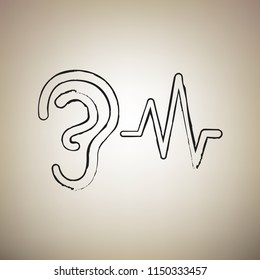 Ear hearing sound sign. Vector. Brush drawed black icon at light brown background.