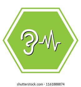 Ear hearing sound sign. Vector. White icon with black shadow at yellow green honeycomb on white background.