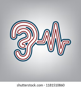 Ear hearing sound sign. Vector. Dark red, transparent and midnight green stroke of white icon at grayish background.