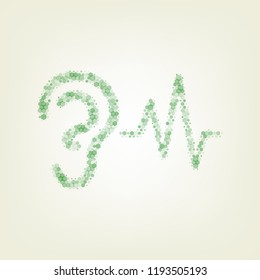 Ear hearing sound sign. Vector. Green hexagon rastered icon and noised opacity and size at light green background with central light.