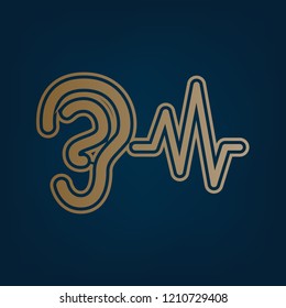Ear hearing sound sign. Vector. Golden icon and border at dark cyan background.