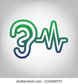 Ear hearing sound sign. Vector. Green to blue gradient contour icon at grayish background with light in center.