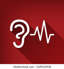 Ear hearing sound sign. Vector. White icon with limitless shadow at ruby red background.