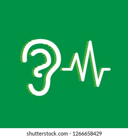 Ear hearing sound sign. Vector. White flat icon with yellow striped shadow at green background.