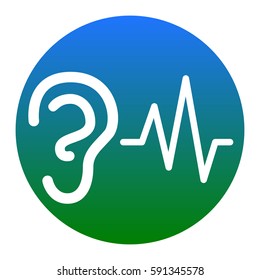 Ear hearing sound sign. Vector. White icon in bluish circle on white background. Isolated.