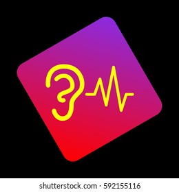 Ear hearing sound sign. Vector. Yellow icon at violet-red gradient square with rounded corners rotated for dynamics on black background.