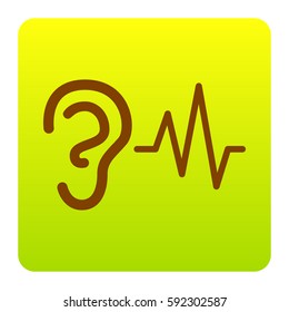 Ear hearing sound sign. Vector. Brown icon at green-yellow gradient square with rounded corners on white background. Isolated.