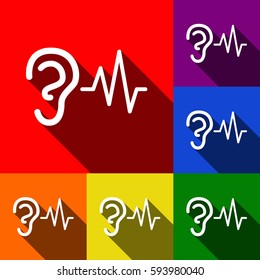 Ear hearing sound sign. Vector. Set of icons with flat shadows at red, orange, yellow, green, blue and violet background.